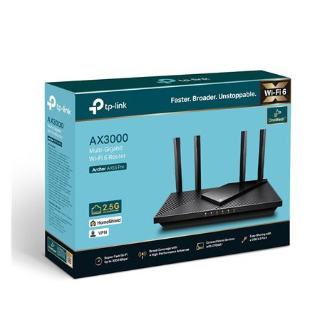 TP-LINK | AX3000 Dual Band Gigabit Wi-Fi 6 Router | Archer AX55 Pro | 802.11ax | 574+2402 Mbit/s | 10/100/1000 Mbit/s | Ethernet - 3